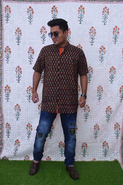 Black Special Ajrakh Block Print Cotton Shirt - SSEthnics