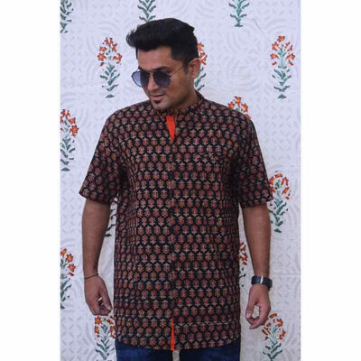 Black Special Ajrakh Block Print Cotton Shirt - SSEthnics