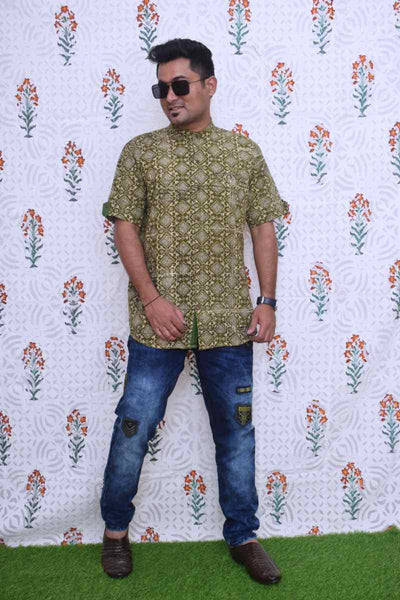 Green Special Block Print Cotton Shirt - SSEthnics