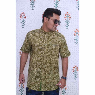 Green Special Block Print Cotton Shirt - SSEthnics