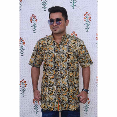 Black Kalamkari Block Print Cotton Shirt - SSEthnics