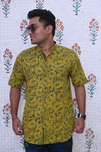 Yellow Ajrakh Block Print Cotton Shirt - SSEthnics
