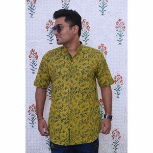 Yellow Ajrakh Block Print Cotton Shirt - SSEthnics