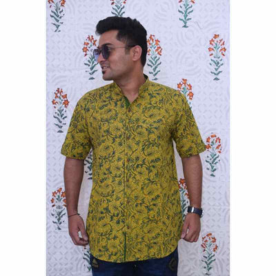 Yellow Ajrakh Block Print Cotton Shirt - SSEthnics