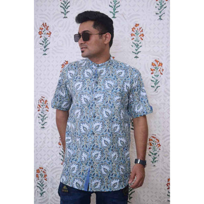 Blue Jaipuri Block Print Cotton Shirt - SSEthnics