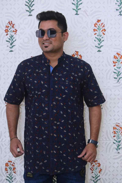 Blue Special Ajrakh Block Print Cotton Shirt - SSEthnics