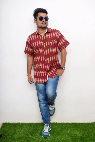 Maroon Handloom Ikat Shirt - SSEthnics
