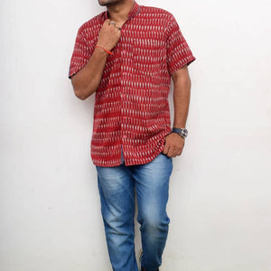 Red Handloom Ikat Shirt - SSEthnics