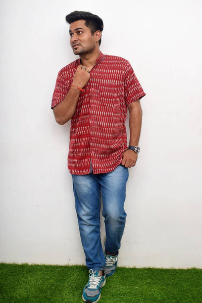 Red Handloom Ikat Shirt - SSEthnics