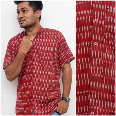 Red Handloom Ikat Shirt - SSEthnics