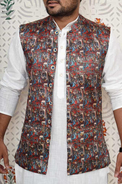Kalamkari Screen Print Silk Jacket - SSEthnics