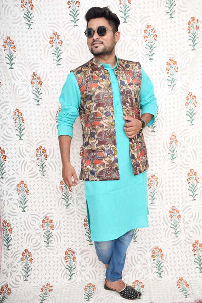 Cream Kalamkari Screen Print Silk Jacket - SSEthnics