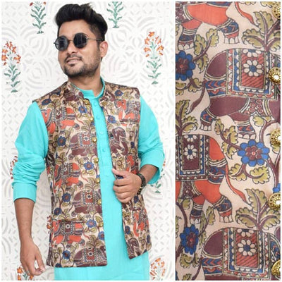 Cream Kalamkari Screen Print Silk Jacket - SSEthnics