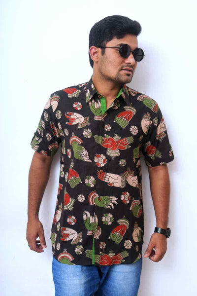 Black Screen Print Kalamkari Shirt - SSEthnics
