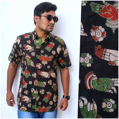 Black Screen Print Kalamkari Shirt - SSEthnics