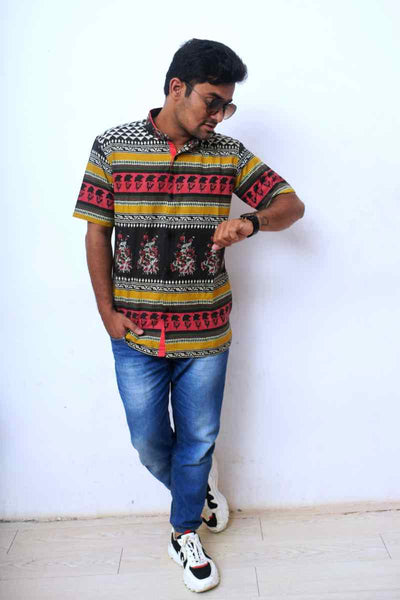 Black Screen Print Kalamkari Shirt - SSEthnics