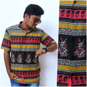 Black Screen Print Kalamkari Shirt - SSEthnics