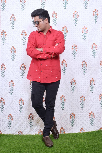 Red Woven Cotton Shirt - SSEthnics