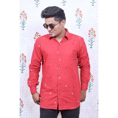 Red Woven Cotton Shirt - SSEthnics