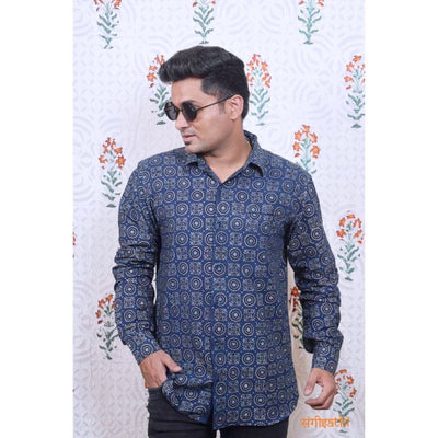 Blue Special Ajrakh Block Print Cotton Shirt - SSEthnics