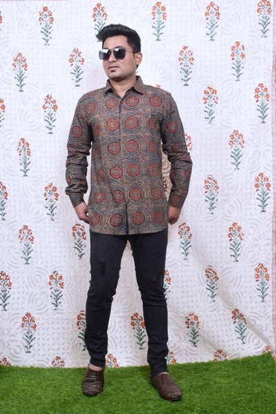 Green Special Ajrakh Block Print Cotton Shirt - SSEthnics