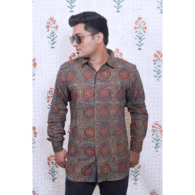 Green Special Ajrakh Block Print Cotton Shirt - SSEthnics