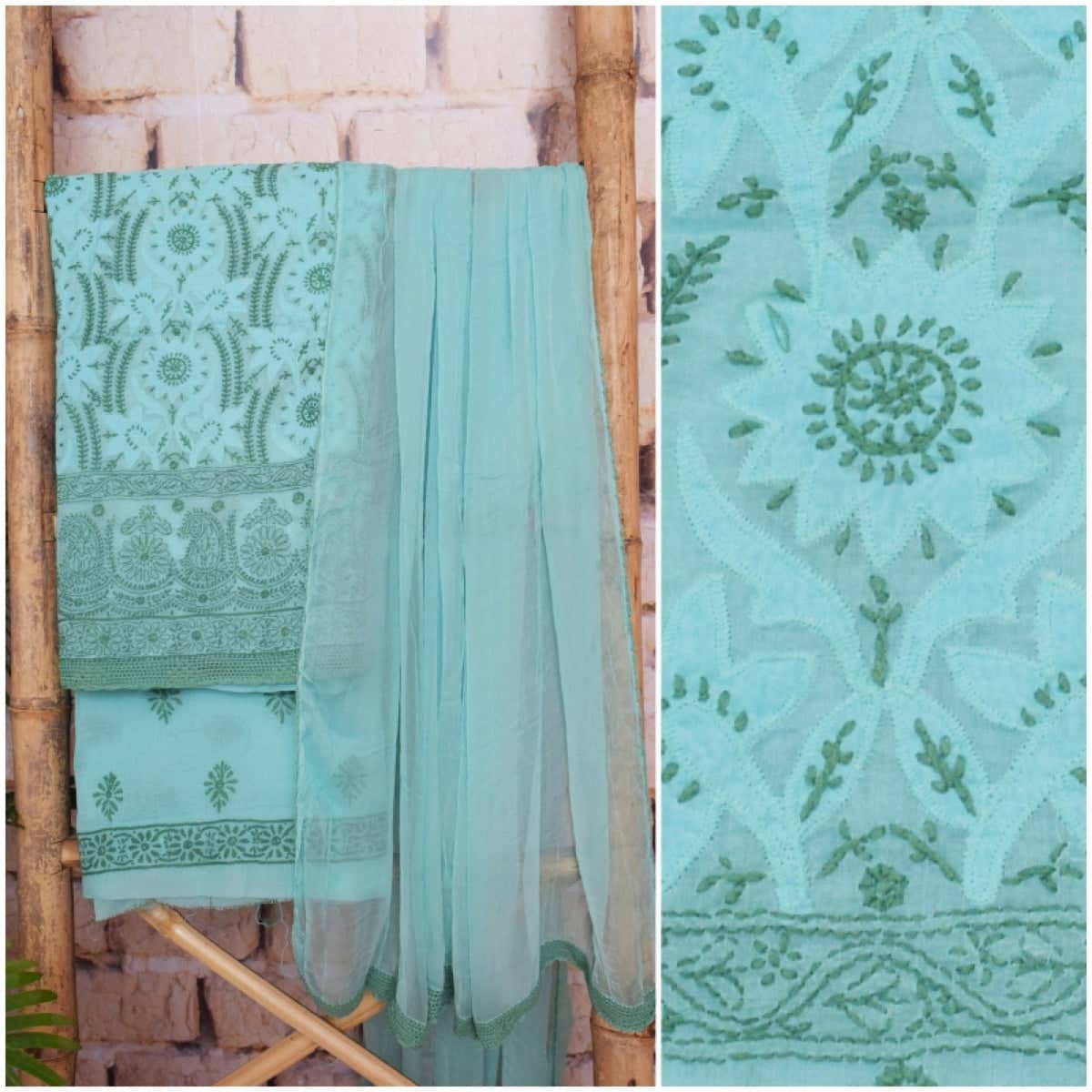 Blue Chikankari Unstitched Suit - SSEthnics