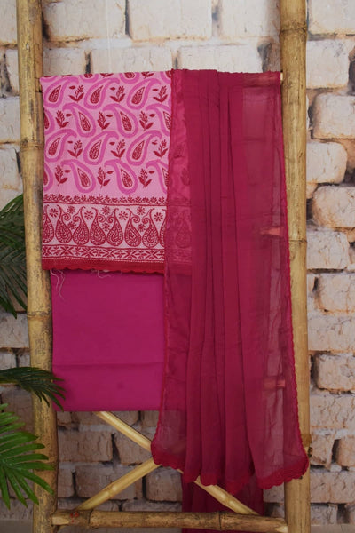 Pink Chikankari Unstitched Suit with Applique - SSEthnics