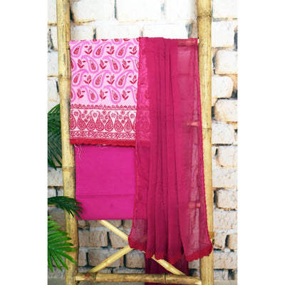 Pink Chikankari Unstitched Suit with Applique - SSEthnics