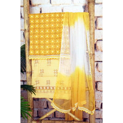 Yellow Chikankari Unstitched Suit - SSEthnics