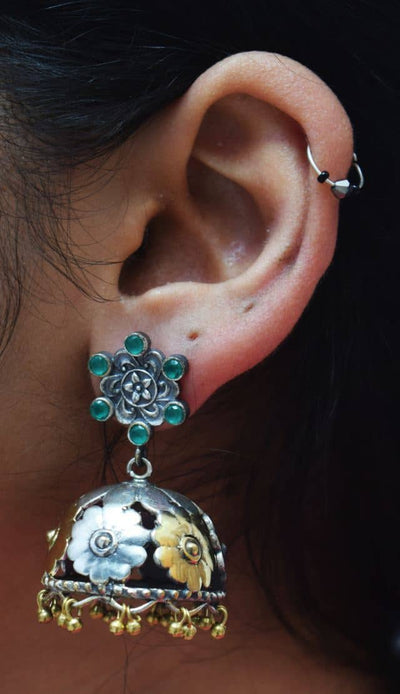 Green Stones Oxidised German Silver Jhumki - SSEthnics