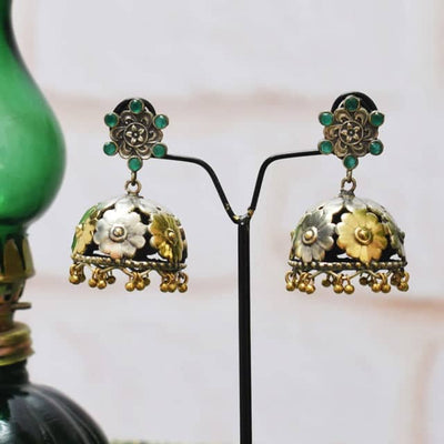 Green Stones Oxidised German Silver Jhumki - SSEthnics