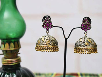Pink Stones Oxidised German Silver Jhumki - SSEthnics