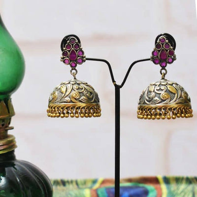 Pink Stones Oxidised German Silver Jhumki - SSEthnics
