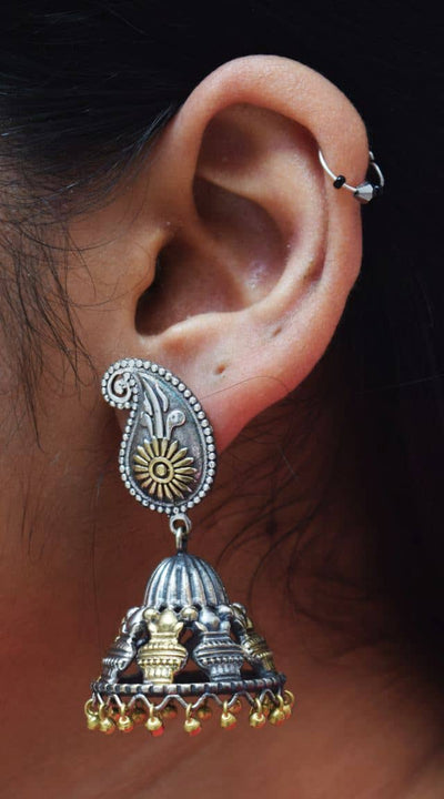 Pink Stones Oxidised German Silver Jhumki - SSEthnics