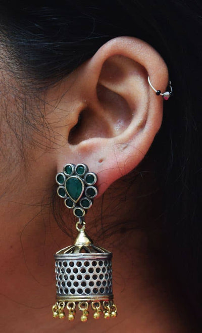 Green Stones Oxidised German Silver Jhumki - SSEthnics