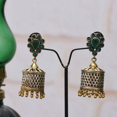 Green Stones Oxidised German Silver Jhumki - SSEthnics