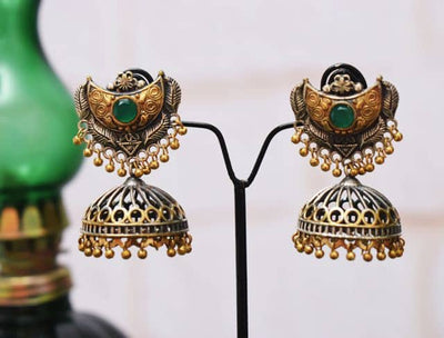 Green Stones Oxidised German Silver Jhumki - SSEthnics