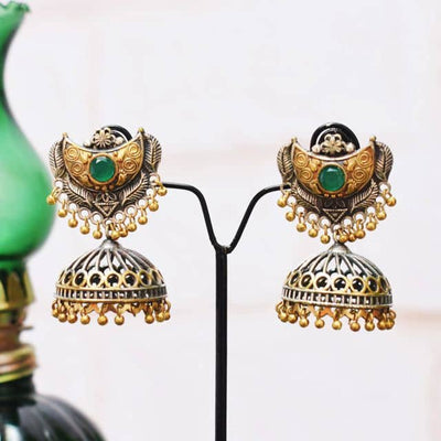 Green Stones Oxidised German Silver Jhumki - SSEthnics