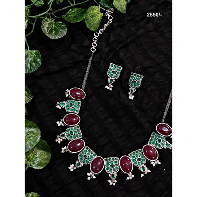 Maroon-Green Stone Oxidised Silver Necklace with Earrings - SSEthnics