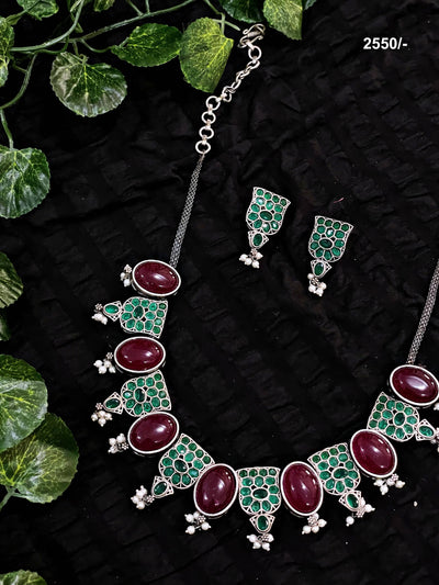 Maroon-Green Stone Oxidised Silver Necklace with Earrings - SSEthnics