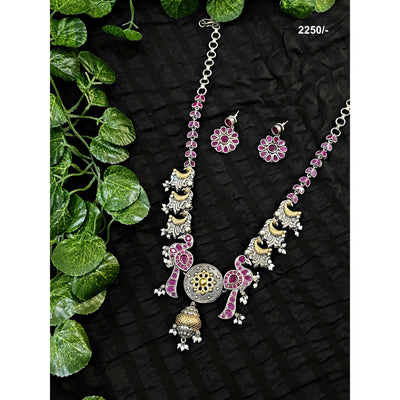 Pink Peacock Oxidised Silver Necklace with Earrings - SSEthnics