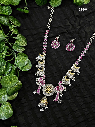 Pink Peacock Oxidised Silver Necklace with Earrings - SSEthnics
