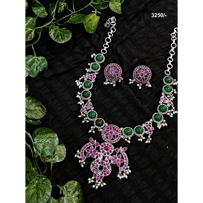 Pink-Green Stone Oxidised Silver Necklace with Earrings - SSEthnics