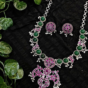 Pink-Green Stone Oxidised Silver Necklace with Earrings - SSEthnics