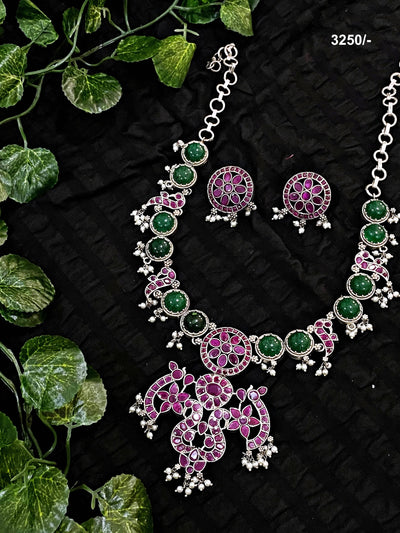 Pink-Green Stone Oxidised Silver Necklace with Earrings - SSEthnics