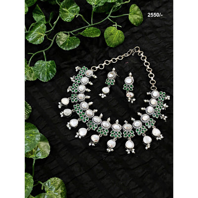 Kundan Oxidised Silver Necklace with Earrings - SSEthnics