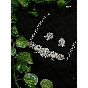 Light Pink Stones Oxidised Silver Necklace with Earrings - SSEthnics