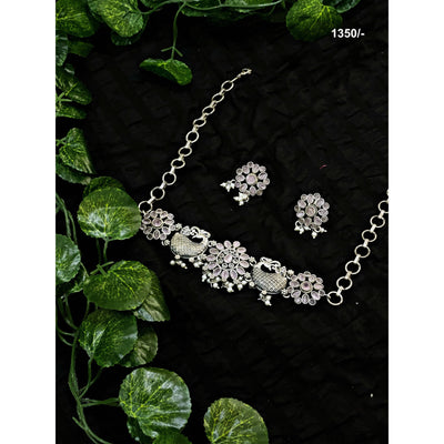 Light Pink Stones Oxidised Silver Necklace with Earrings - SSEthnics