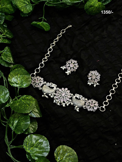 Light Pink Stones Oxidised Silver Necklace with Earrings - SSEthnics